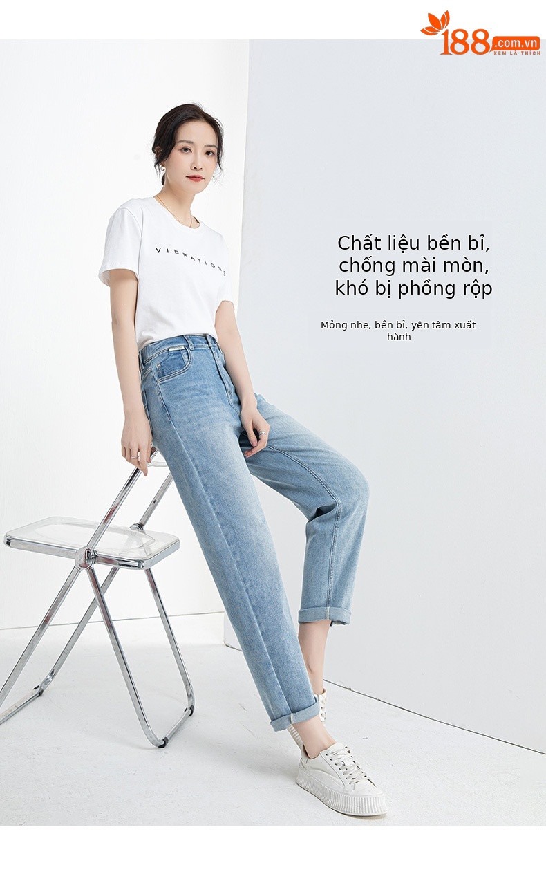 Quần jean nữ cạp cao ống rộng mỏng mùa hè, tôn dáng, viền gấu thời trang — Xanh denim chi tiết 13