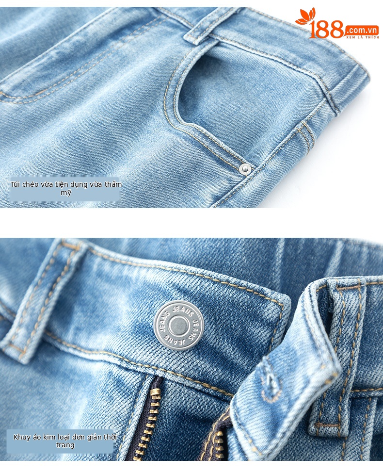 Quần jean nữ cạp cao ống rộng mỏng mùa hè, tôn dáng, viền gấu thời trang — Xanh denim chi tiết 15