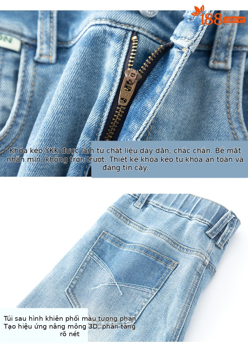 Quần jean nữ cạp cao ống rộng mỏng mùa hè, tôn dáng, viền gấu thời trang — Xanh denim chi tiết 16