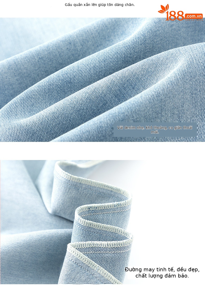 Quần jean nữ cạp cao ống rộng mỏng mùa hè, tôn dáng, viền gấu thời trang — Xanh denim chi tiết 17