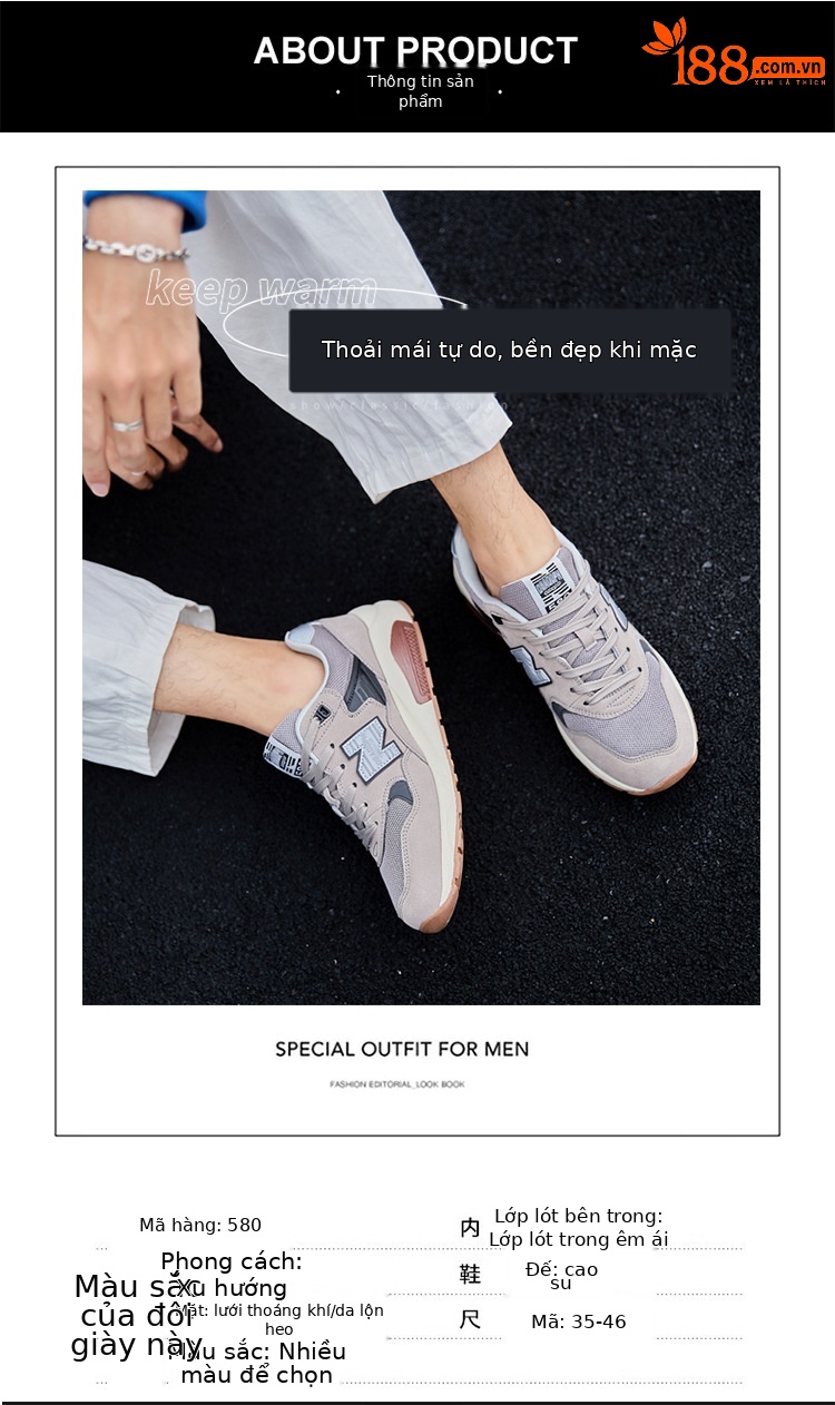 Giày sneaker nam cổ điển Balance 580 đế êm — than cám chi tiết 14