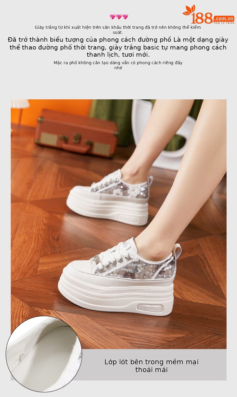 Giày sneaker nữ chạy bộ mesh thoáng trắng đế PU — Trắng, Đen chi tiết 4