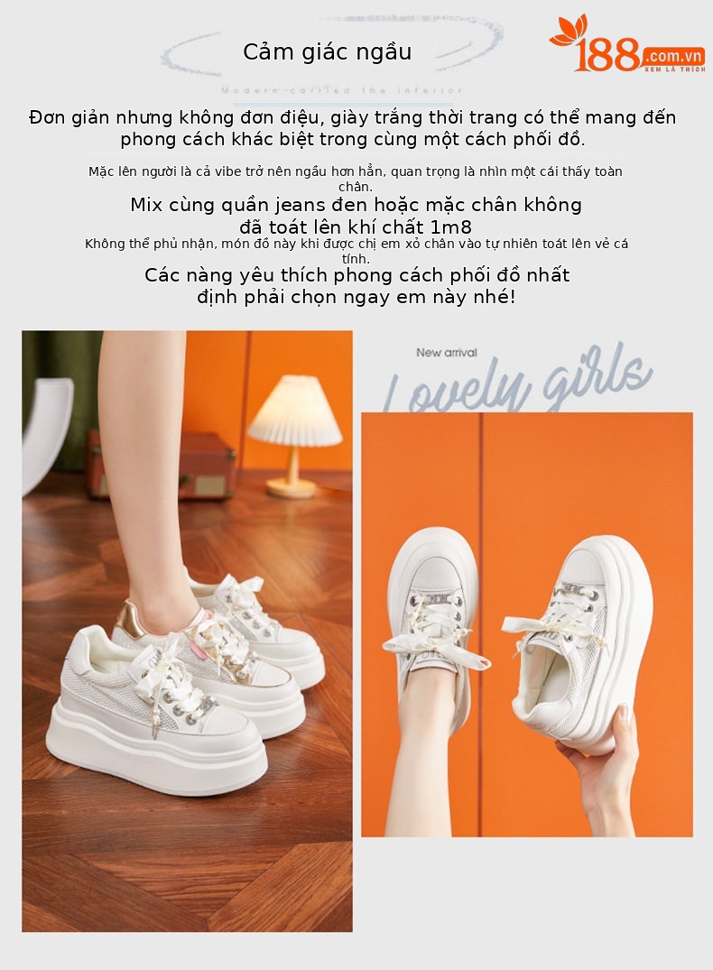 Giày sneaker nữ chunky đế dày trắng phối dây buộc phong cách platform — Trắng, Bột trắng chi tiết 3