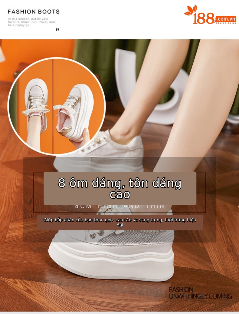 Giày sneaker nữ chunky đế dày trắng phối dây buộc phong cách platform — Trắng, Bột trắng chi tiết 8