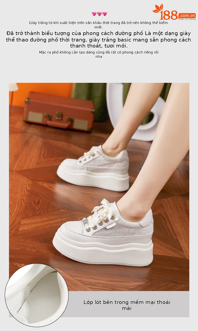 Giày sneaker nữ chunky đế dày trắng phối dây buộc phong cách platform — Trắng, Bột trắng chi tiết 4