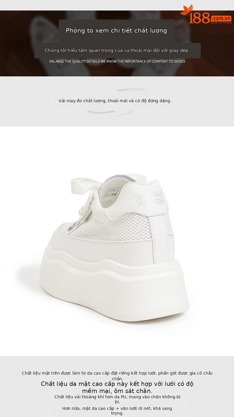 Giày sneaker nữ chunky đế dày trắng phối dây buộc phong cách platform — Trắng, Bột trắng chi tiết 5