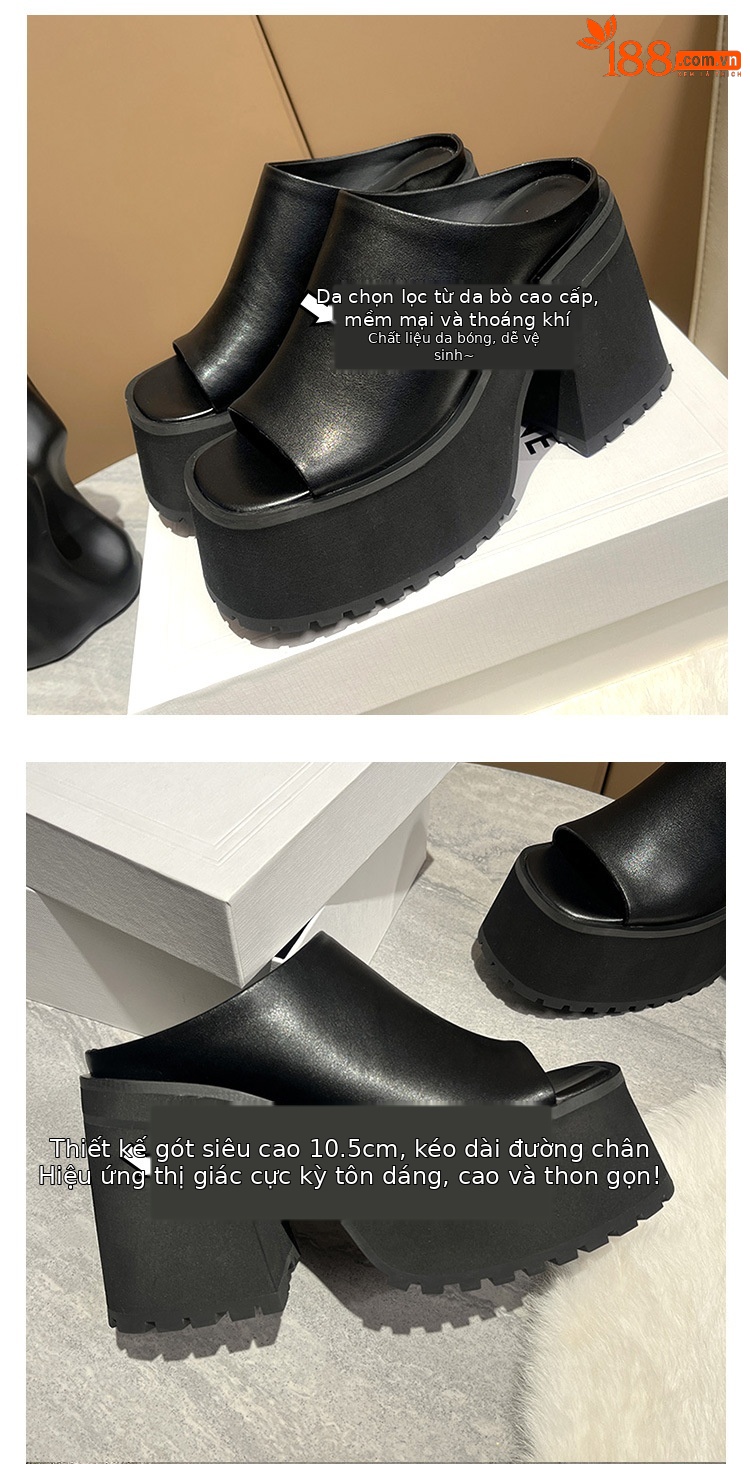 Dép sandal cao gót nữ hở mũi đế dày quai ngang gót vuông 9 cm — Màu đen, Màu trắng chi tiết 3