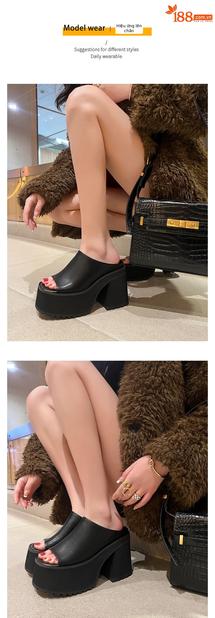 Dép sandal cao gót nữ hở mũi đế dày quai ngang gót vuông 9 cm — Màu đen, Màu trắng chi tiết 5