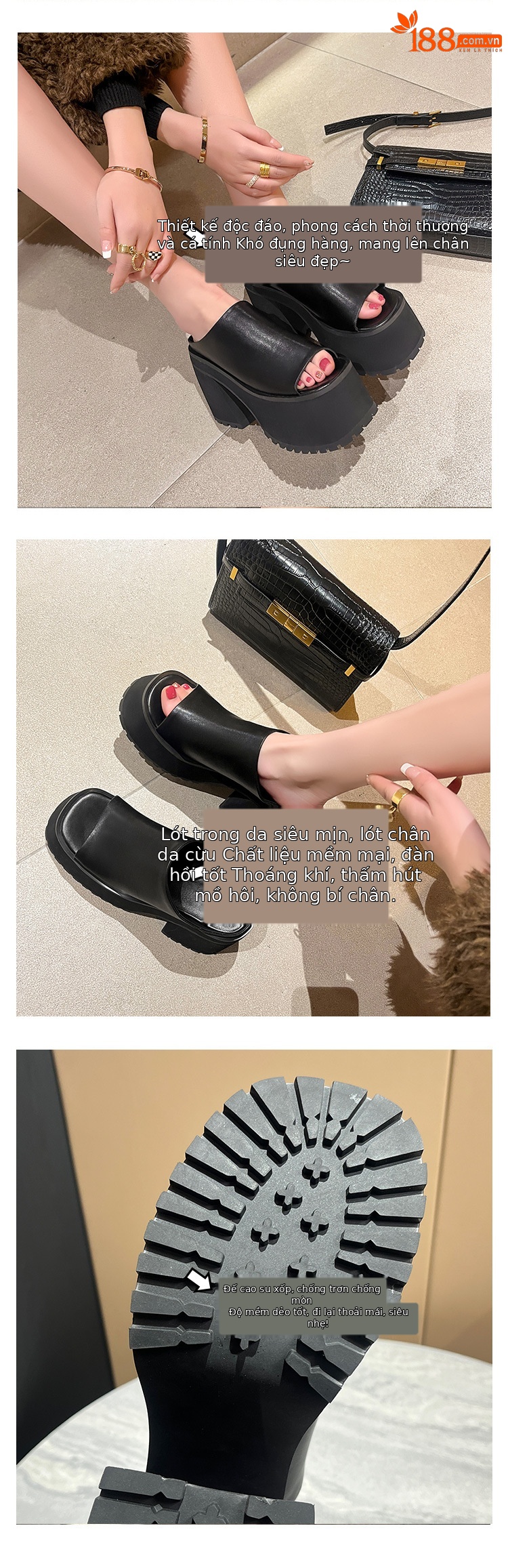 Dép sandal cao gót nữ hở mũi đế dày quai ngang gót vuông 9 cm — Màu đen, Màu trắng chi tiết 4