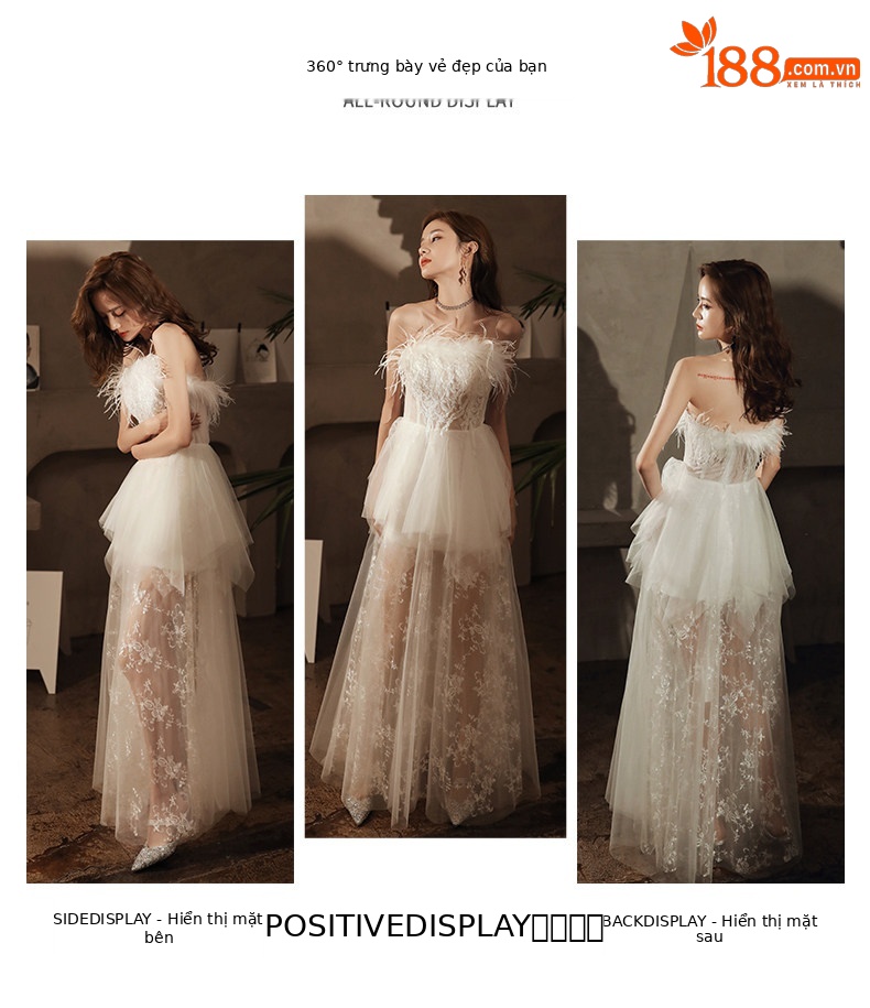 Đầm maxi nữ thắt eo phong cách tiên nữ kiểu Pháp, tay phồng lông vũ, dự tiệc sang trọng — Ống ngực lông vũ váy trắng nửa trong suốt chi tiết 1