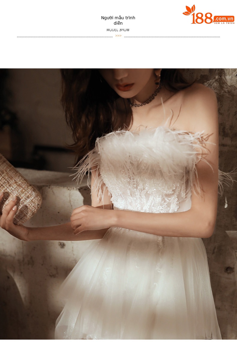 Đầm maxi nữ thắt eo phong cách tiên nữ kiểu Pháp, tay phồng lông vũ, dự tiệc sang trọng — Ống ngực lông vũ váy trắng nửa trong suốt chi tiết 3