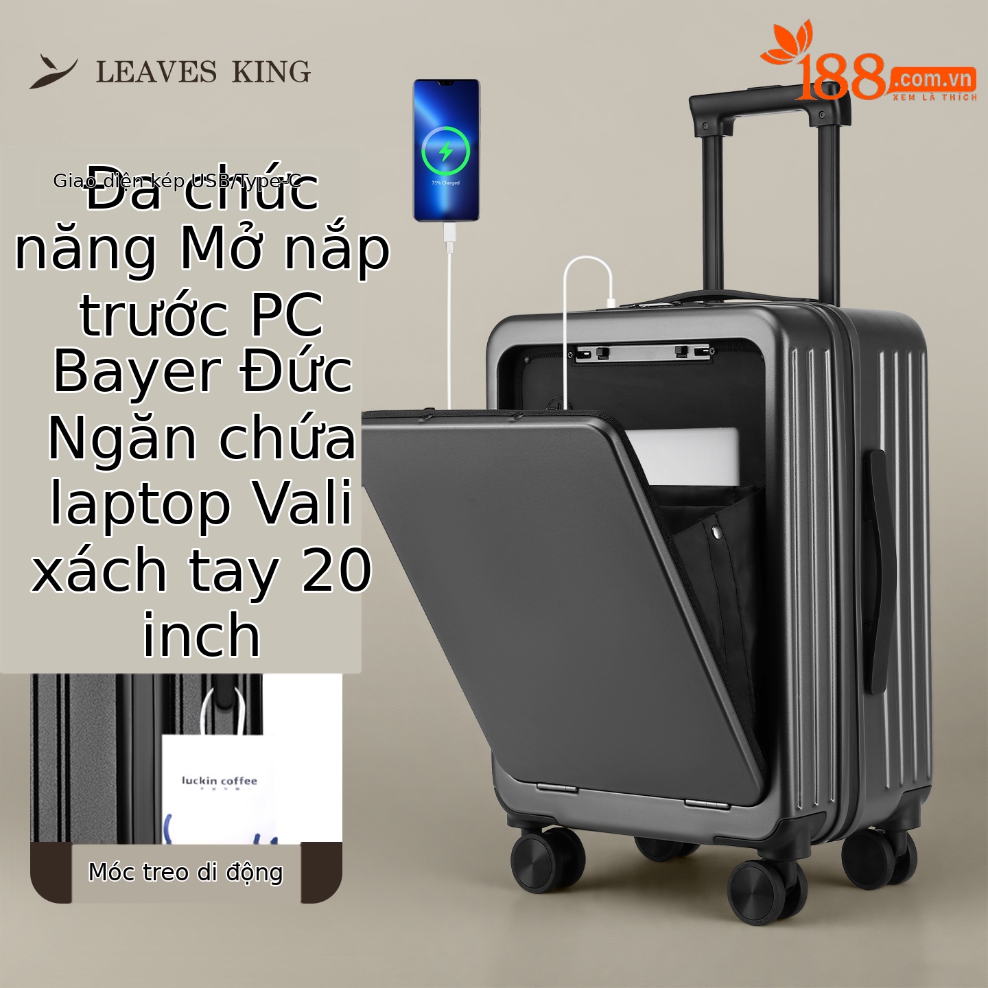 Vali đa năng mở nắp trước 20 inch có ngăn laptop và móc treo, bánh xe xoay 360 độ — Màu đen, Màu xám