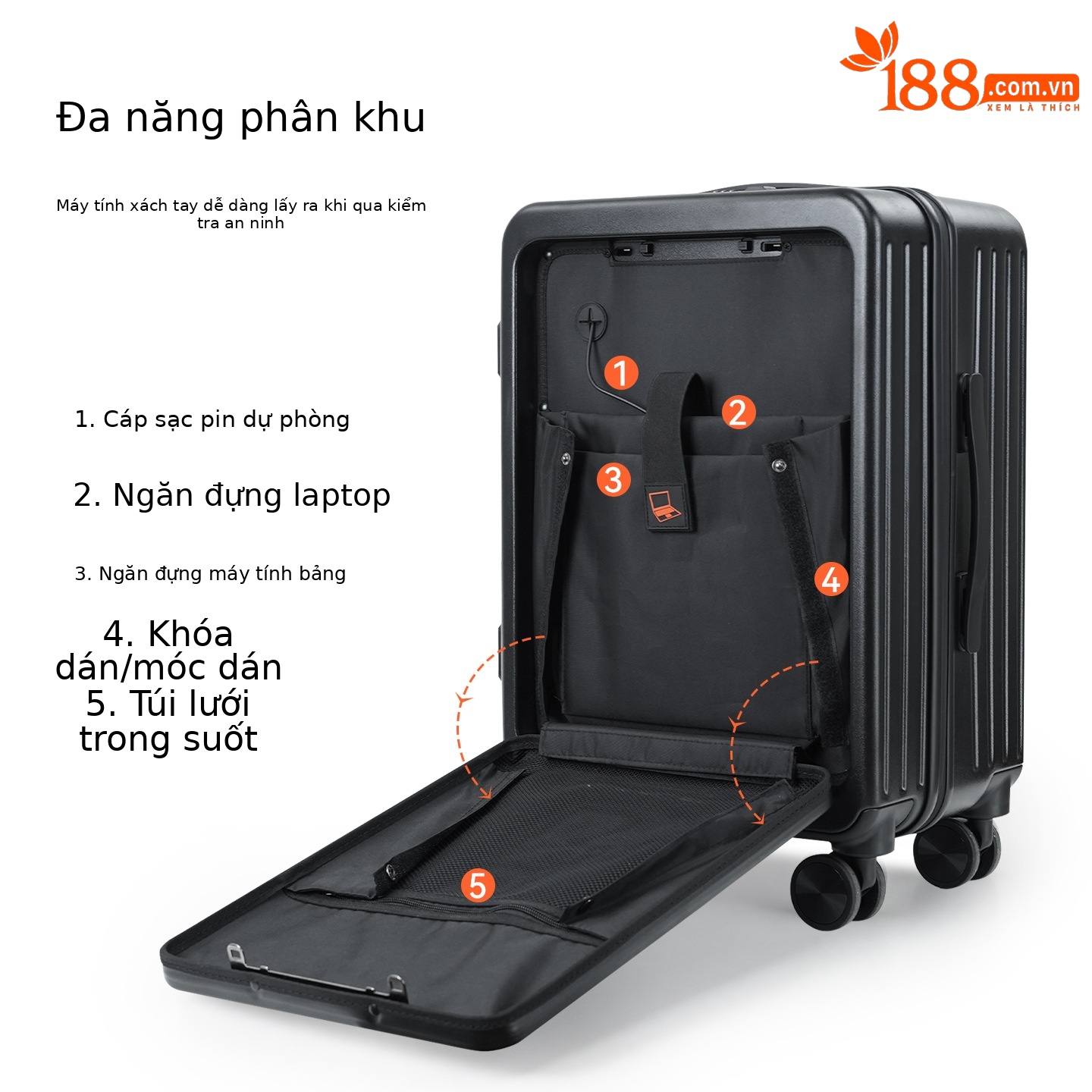 Vali đa năng mở nắp trước 20 inch có ngăn laptop và móc treo, bánh xe xoay 360 độ — Màu đen, Màu xám
