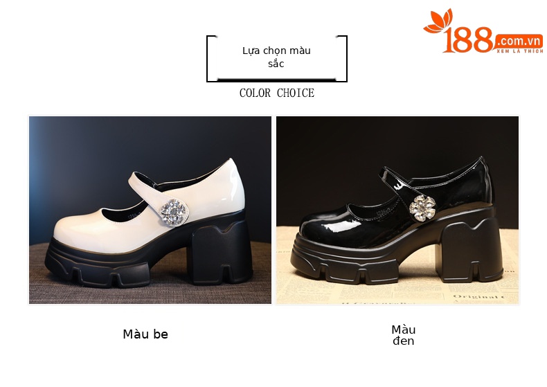 Giày sandal cao gót nữ quai ngang gót thô đế dày tăng chiều cao phong cách học đường — Màu be, Màu đen chi tiết 2