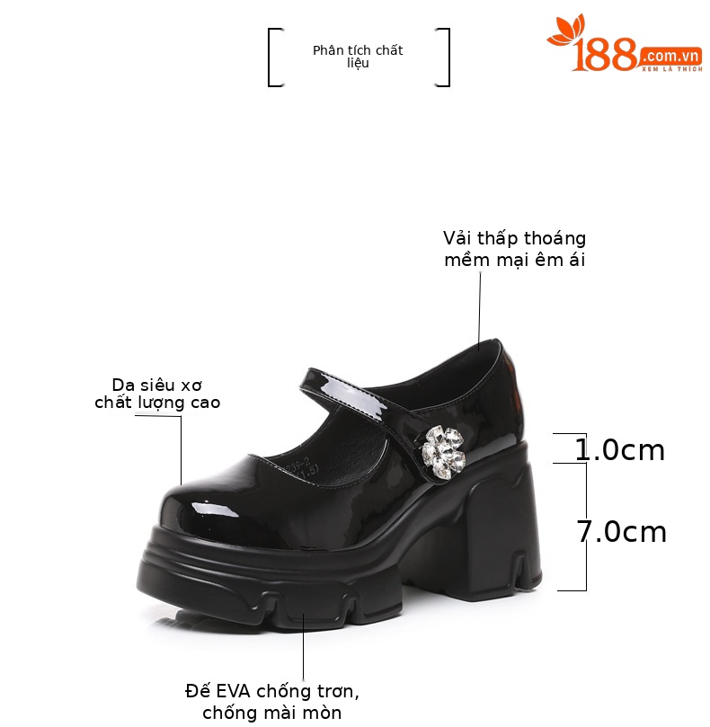 Giày sandal cao gót nữ quai ngang gót thô đế dày tăng chiều cao phong cách học đường — Màu be, Màu đen chi tiết 3