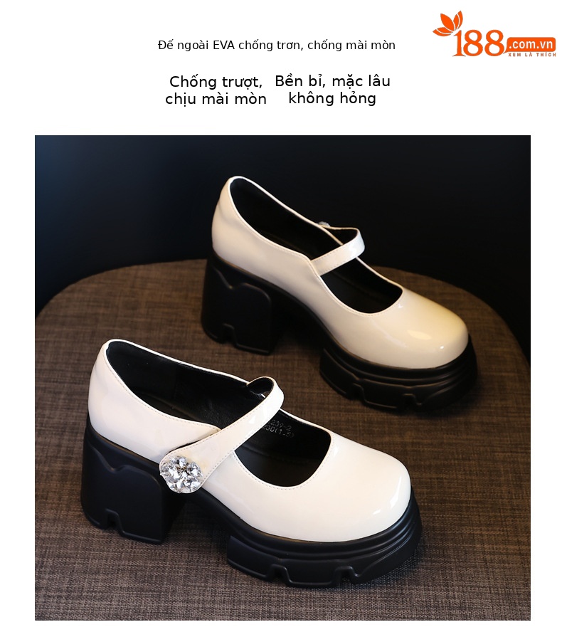 Giày sandal cao gót nữ quai ngang gót thô đế dày tăng chiều cao phong cách học đường — Màu be, Màu đen chi tiết 9