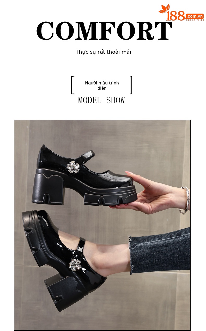 Giày sandal cao gót nữ quai ngang gót thô đế dày tăng chiều cao phong cách học đường — Màu be, Màu đen chi tiết 10