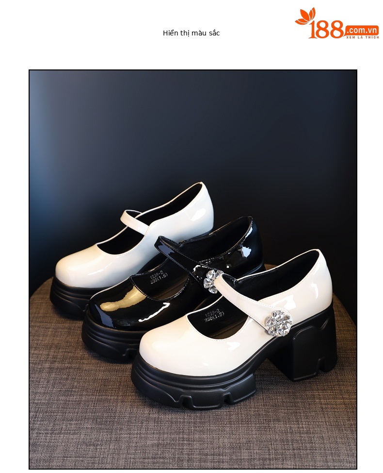 Giày sandal cao gót nữ quai ngang gót thô đế dày tăng chiều cao phong cách học đường — Màu be, Màu đen chi tiết 17