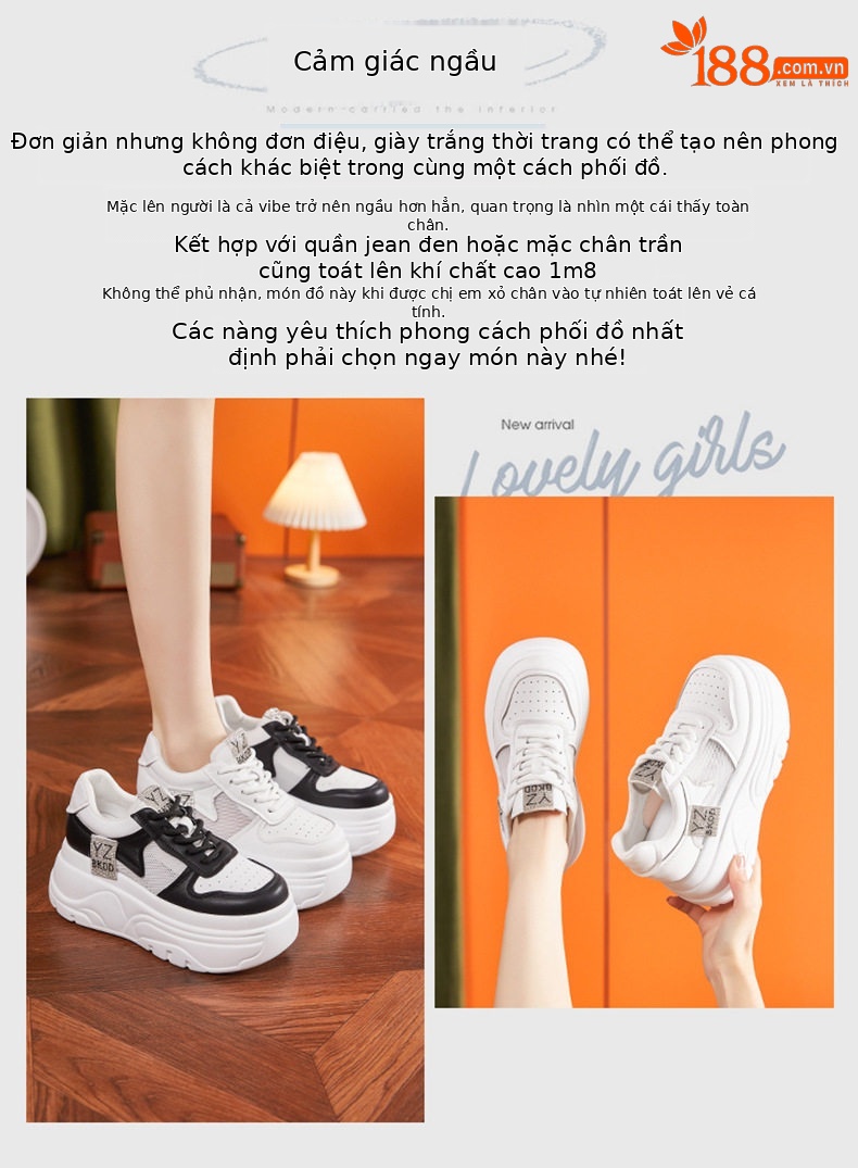 Giày sneaker nữ chunky đế dày lưới thoáng khí phong cách đường phố — Trắng, Trắng, đen chi tiết 3