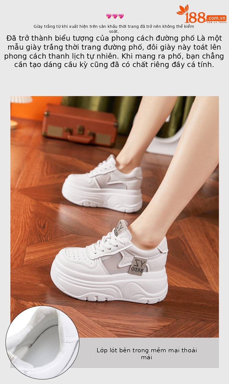 Giày sneaker nữ chunky đế dày lưới thoáng khí phong cách đường phố — Trắng, Trắng, đen chi tiết 4