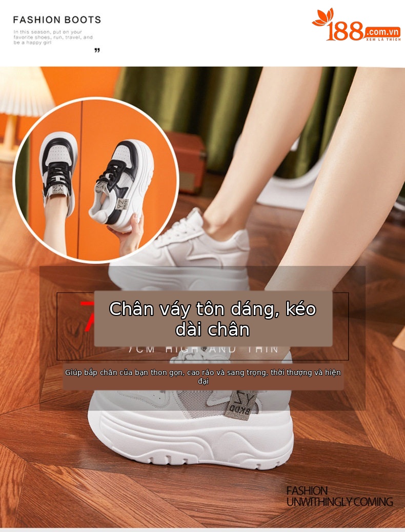 Giày sneaker nữ chunky đế dày lưới thoáng khí phong cách đường phố — Trắng, Trắng, đen chi tiết 8