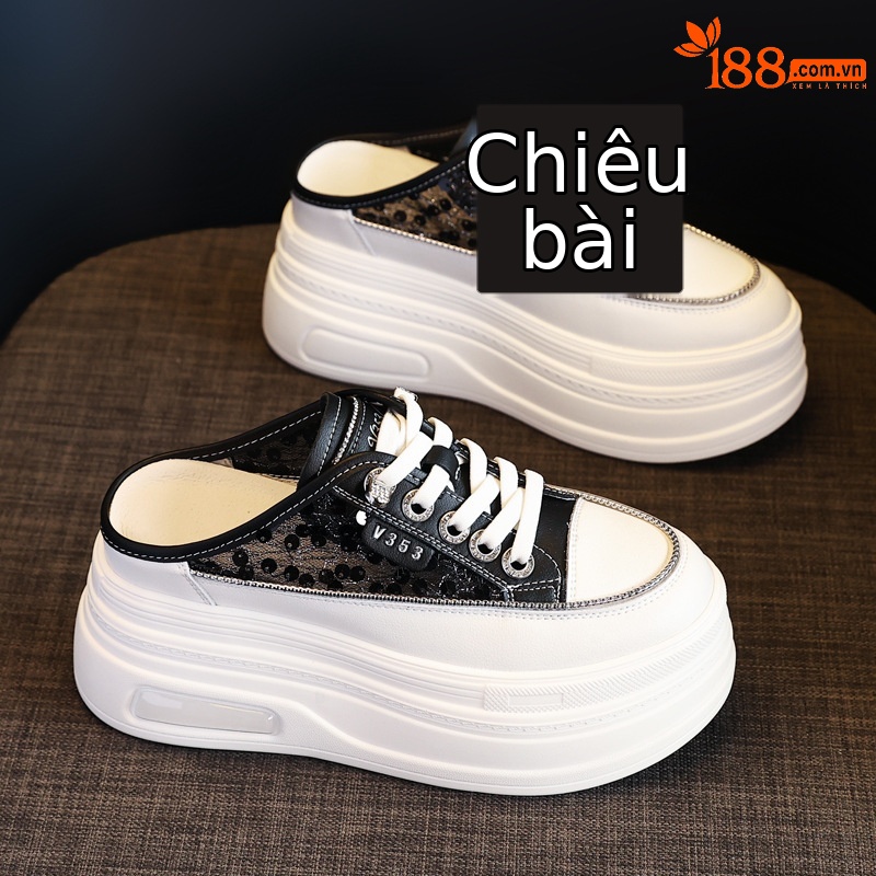 Dép bít mũi đế dày độn cao dáng người nhỏ đính sequin thời thượng mẫu mới mùa hè 2024 — Màu đen, Màu trắng