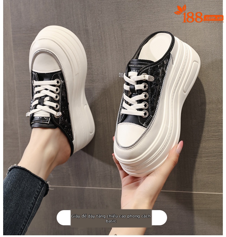 Dép bít mũi đế dày độn cao dáng người nhỏ đính sequin thời thượng mẫu mới mùa hè 2024 — Màu đen, Màu trắng chi tiết 1