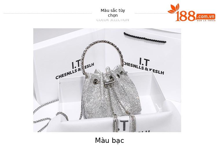 Túi đeo chéo nữ đính kim cương nhân tạo dây xích — Màu bạc chi tiết 3