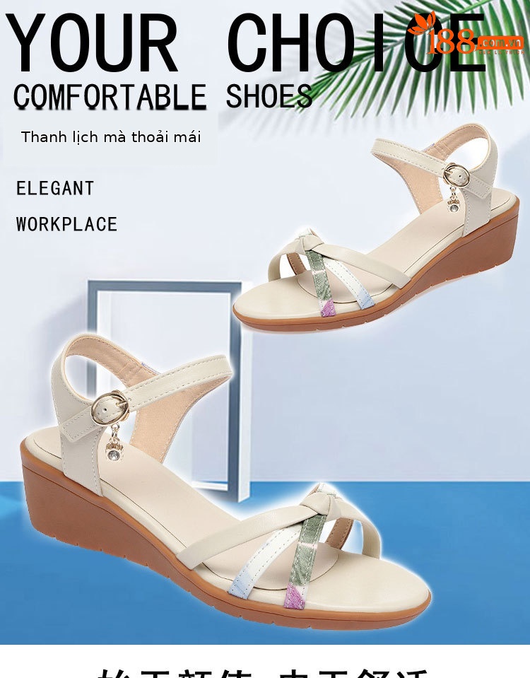 Sandal nữ đế bằng mùa hè quai chữ V đế gân bò chống trơn trượt — Màu be chi tiết 1