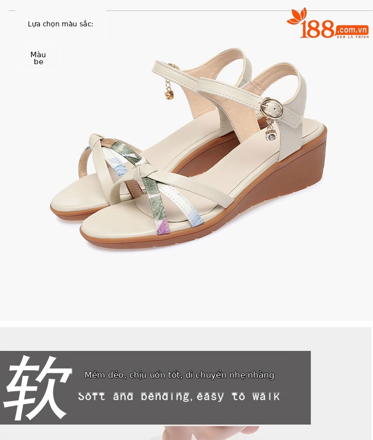 Sandal nữ đế bằng mùa hè quai chữ V đế gân bò chống trơn trượt — Màu be chi tiết 3
