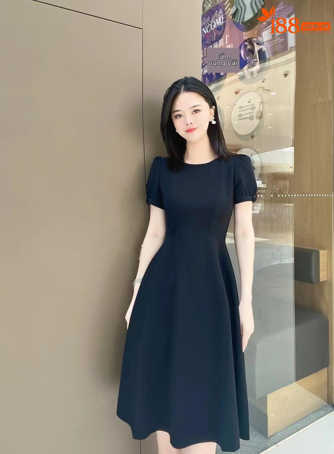 Váy liền nữ cổ tròn kiểu Pháp eo bong bóng tay ngắn — Màu đen chi tiết 2