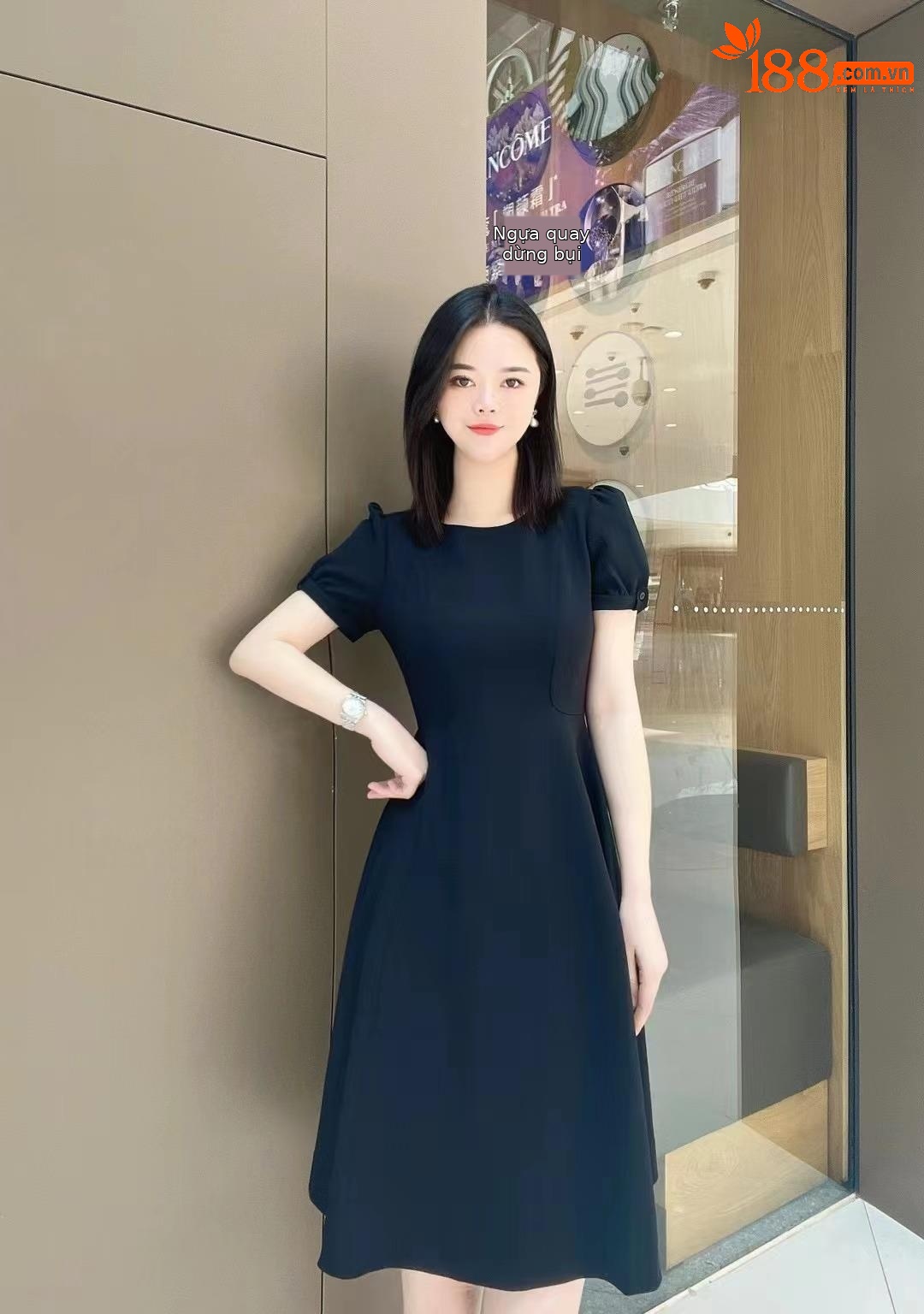 Váy liền nữ cổ tròn kiểu Pháp eo bong bóng tay ngắn — Màu đen chi tiết 3