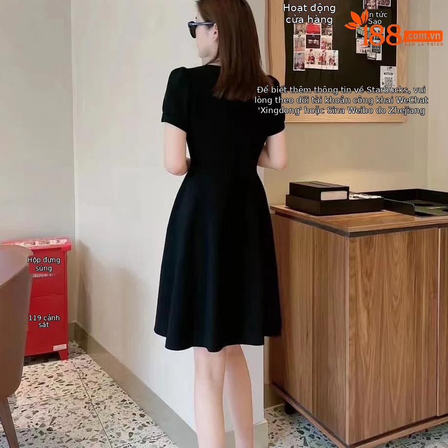 Váy liền nữ cổ tròn kiểu Pháp eo bong bóng tay ngắn — Màu đen chi tiết 6