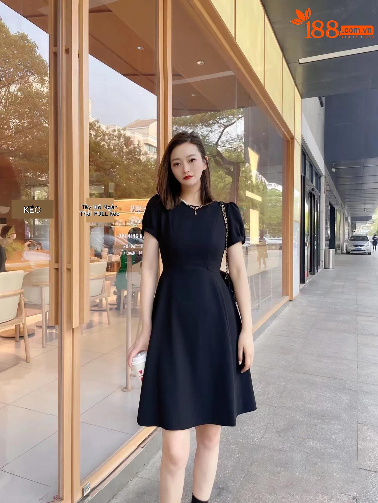 Váy liền nữ cổ tròn kiểu Pháp eo bong bóng tay ngắn — Màu đen chi tiết 7