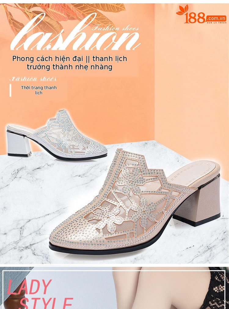 Giày cao gót da thật nữ mũi tròn bít, đế thấp thoải mái, có lỗ lưới đính đá Rhinestone — Màu be chi tiết 1