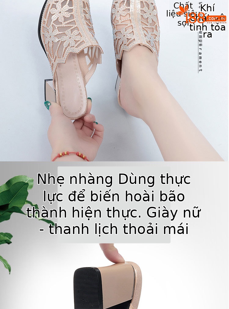 Giày cao gót da thật nữ mũi tròn bít, đế thấp thoải mái, có lỗ lưới đính đá Rhinestone — Màu be chi tiết 3