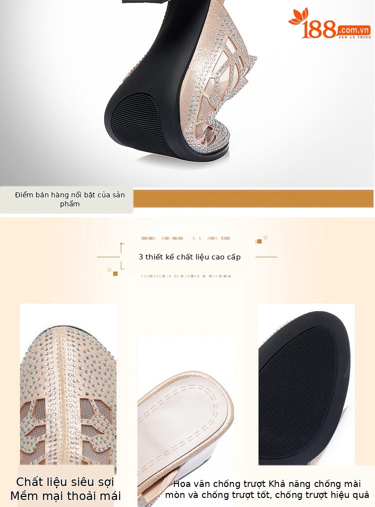 Giày cao gót da thật nữ mũi tròn bít, đế thấp thoải mái, có lỗ lưới đính đá Rhinestone — Màu be chi tiết 4