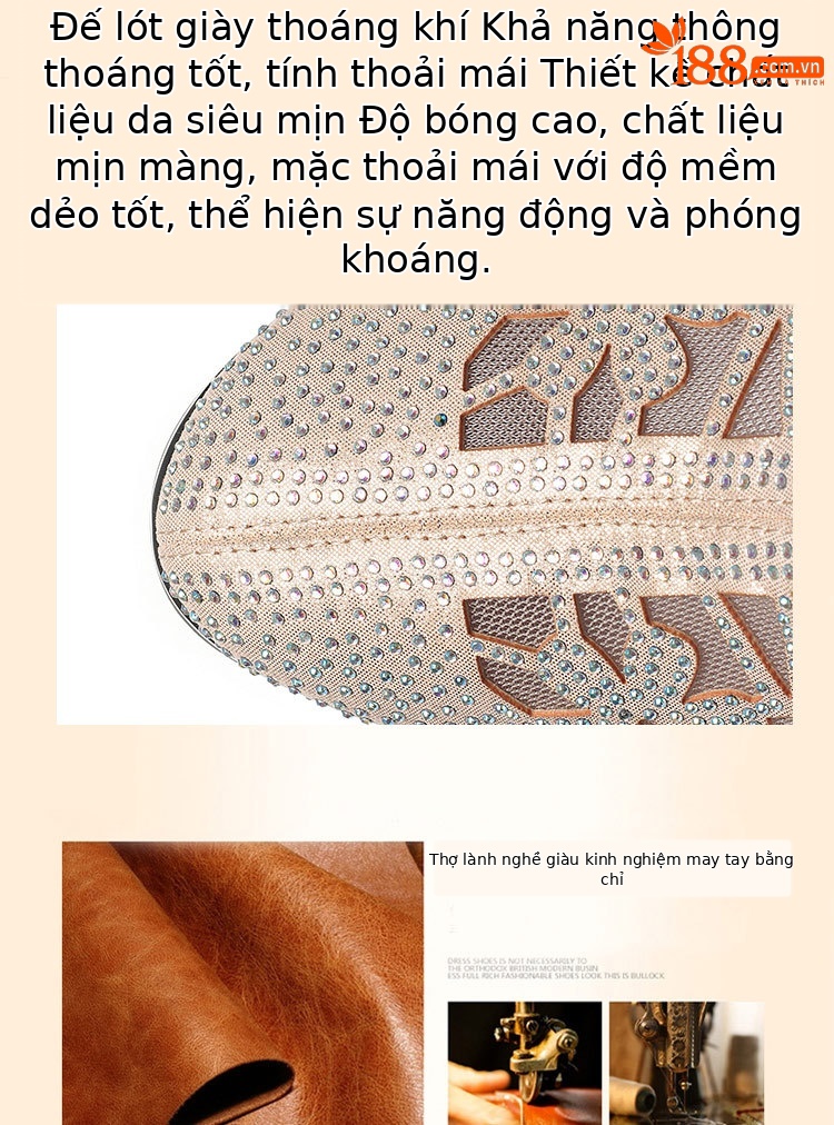 Giày cao gót da thật nữ mũi tròn bít, đế thấp thoải mái, có lỗ lưới đính đá Rhinestone — Màu be chi tiết 5