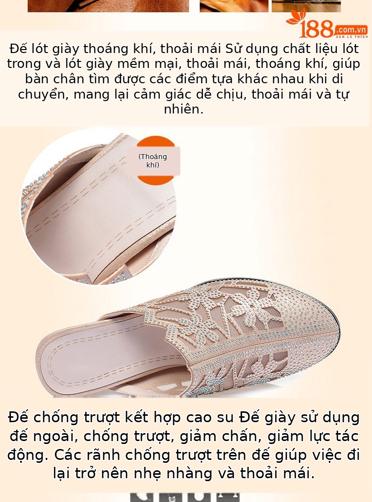 Giày cao gót da thật nữ mũi tròn bít, đế thấp thoải mái, có lỗ lưới đính đá Rhinestone — Màu be chi tiết 6