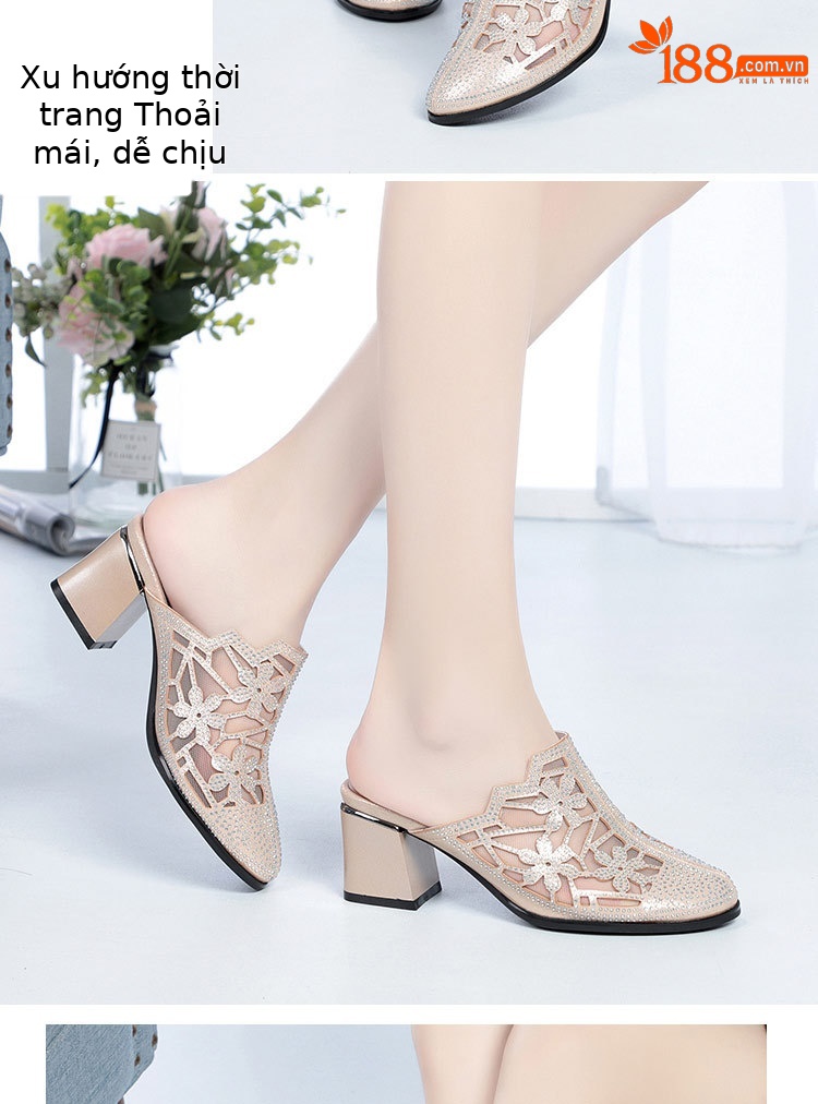 Giày cao gót da thật nữ mũi tròn bít, đế thấp thoải mái, có lỗ lưới đính đá Rhinestone — Màu be chi tiết 9