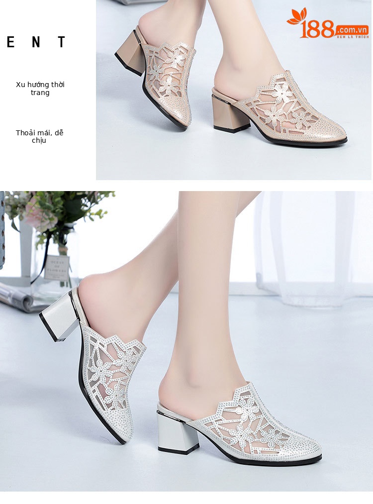 Giày cao gót da thật nữ mũi tròn bít, đế thấp thoải mái, có lỗ lưới đính đá Rhinestone — Màu be chi tiết 11