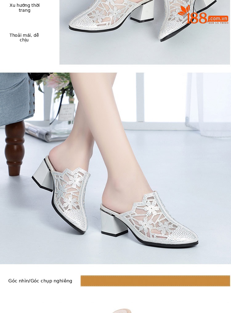 Giày cao gót da thật nữ mũi tròn bít, đế thấp thoải mái, có lỗ lưới đính đá Rhinestone — Màu be chi tiết 14