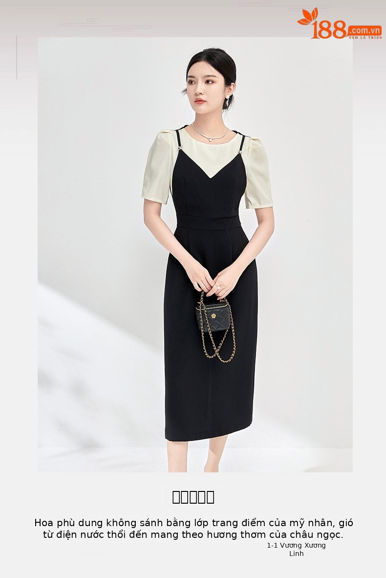 Đầm nữ tay ngắn giả hai mảnh eo thon suông midi — Màu đen chi tiết 1