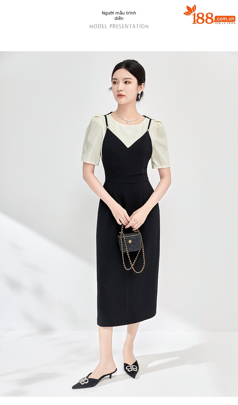 Đầm nữ tay ngắn giả hai mảnh eo thon suông midi — Màu đen chi tiết 6
