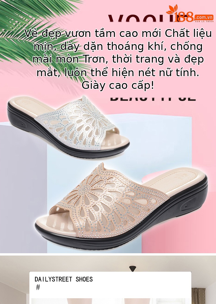Dép lê lưới đế thô chống trượt đính đá thời trang cho nữ trung niên — Màu vàng chi tiết 1