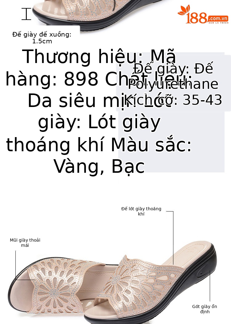 Dép lê lưới đế thô chống trượt đính đá thời trang cho nữ trung niên — Màu vàng chi tiết 4