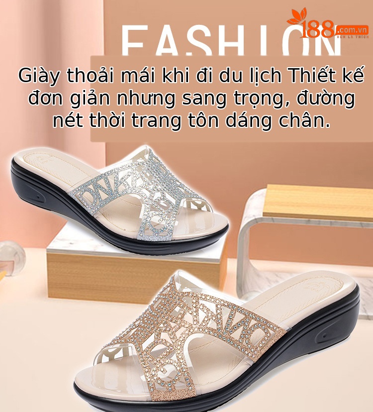 Dép xỏ ngón nữ đế bệt da thật đính đá rhinestone — Màu vàng chi tiết 1