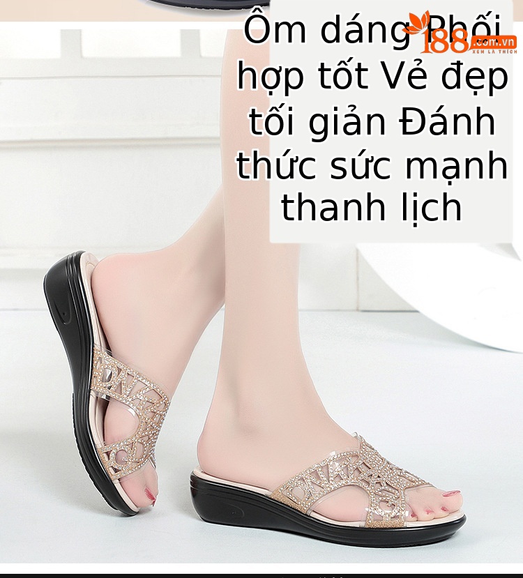 Dép xỏ ngón nữ đế bệt da thật đính đá rhinestone — Màu vàng chi tiết 2
