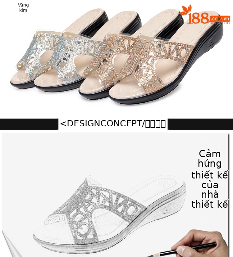Dép xỏ ngón nữ đế bệt da thật đính đá rhinestone — Màu vàng chi tiết 3