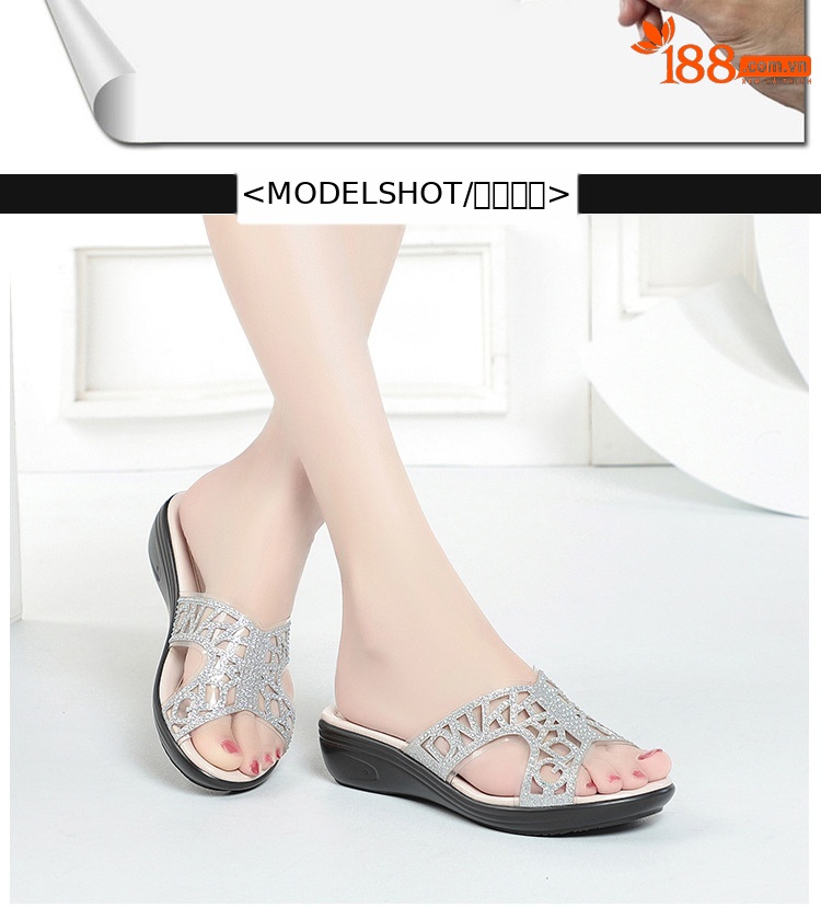 Dép xỏ ngón nữ đế bệt da thật đính đá rhinestone — Màu vàng chi tiết 4